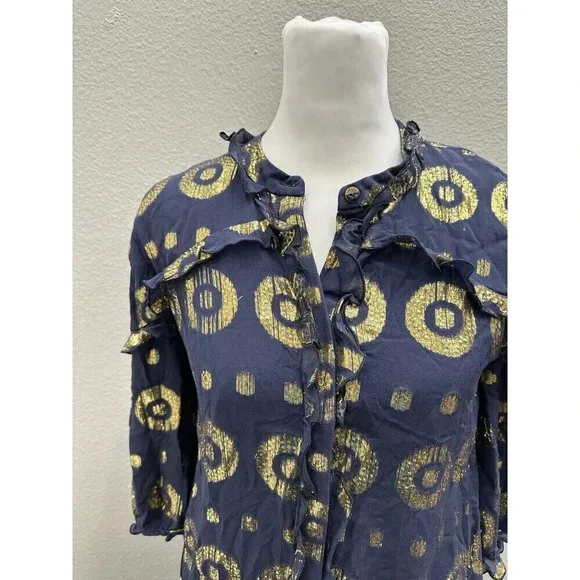Saloni Tilly Ruffle Dress  Medallion Print Navy and Gold Size 4 Luxury Designer