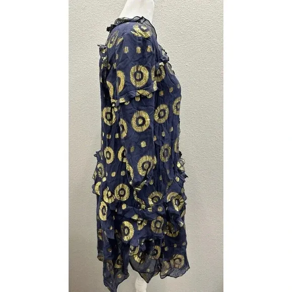 Saloni Tilly Ruffle Dress  Medallion Print Navy and Gold Size 4 Luxury Designer