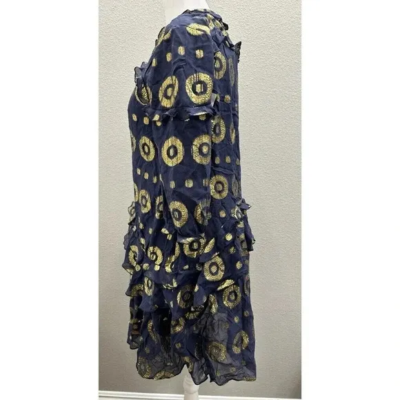 Saloni Tilly Ruffle Dress  Medallion Print Navy and Gold Size 4 Luxury Designer