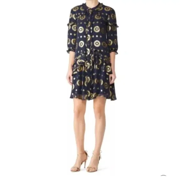 Saloni Tilly Ruffle Dress  Medallion Print Navy and Gold Size 4 Luxury Designer