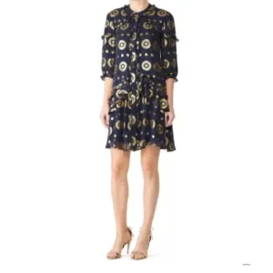 Saloni Tilly Ruffle Dress  Medallion Print Navy and Gold Size 4 Luxury Designer