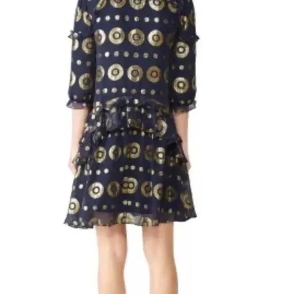 Saloni Tilly Ruffle Dress  Medallion Print Navy and Gold Size 4 Luxury Designer