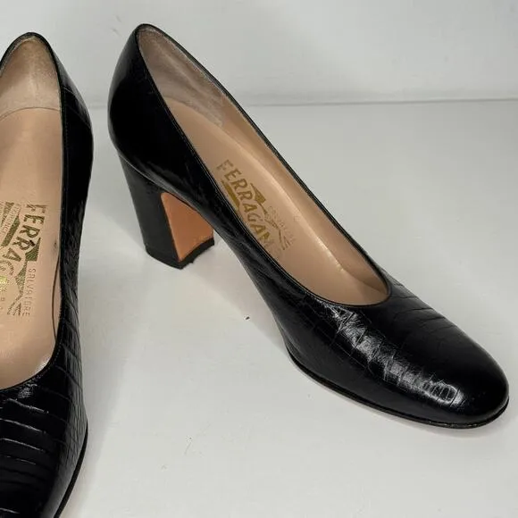 Salvatore Ferragamo Shoes Womens Size 7 4A Black Leather Croc Pump Heels