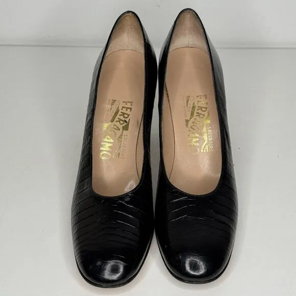 Salvatore Ferragamo Shoes Womens Size 7 4A Black Leather Croc Pump Heels