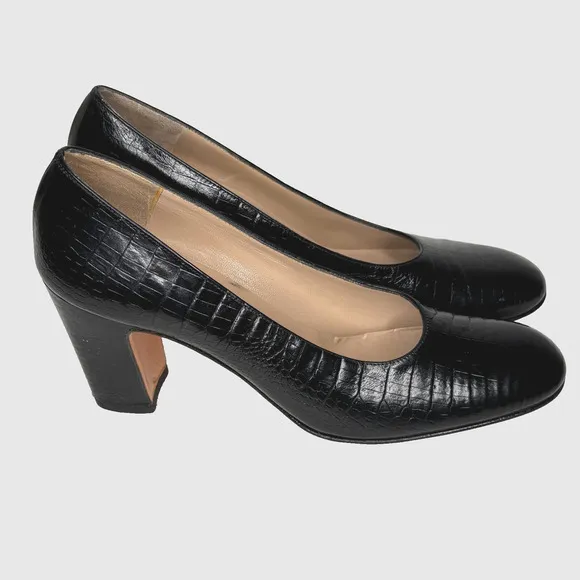 Salvatore Ferragamo Shoes Womens Size 7 4A Black Leather Croc Pump Heels