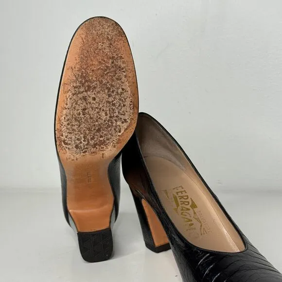 Salvatore Ferragamo Shoes Womens Size 7 4A Black Leather Croc Pump Heels