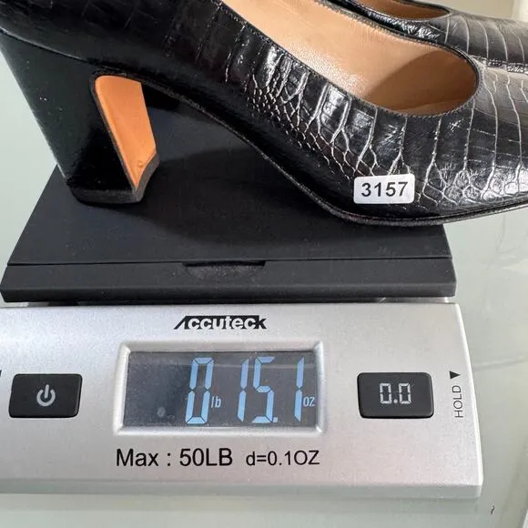 Salvatore Ferragamo Shoes Womens Size 7 4A Black Leather Croc Pump Heels