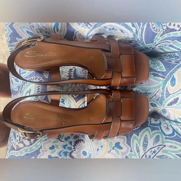 Santoni Square Toe Leather Slingback Shoes Sandals Size 37.5 US 8.5