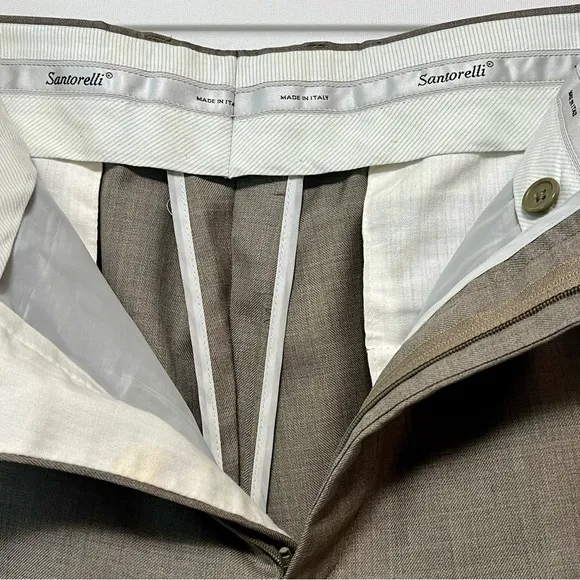 SANTORELLI Luxury Serge ROMEO Men’s 38x31 TAUPE Sharkskin Wool Dress Pants Italy