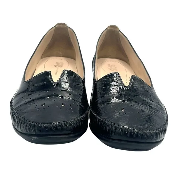 SAS Sonyo Slip On Heel Women Size 10.5 M Black Patent Leather Cut Out Shoes
