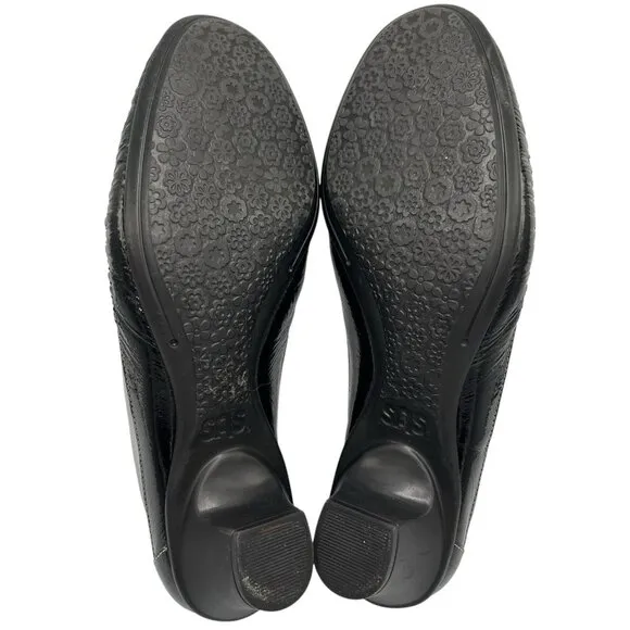 SAS Sonyo Slip On Heel Women Size 10.5 M Black Patent Leather Cut Out Shoes