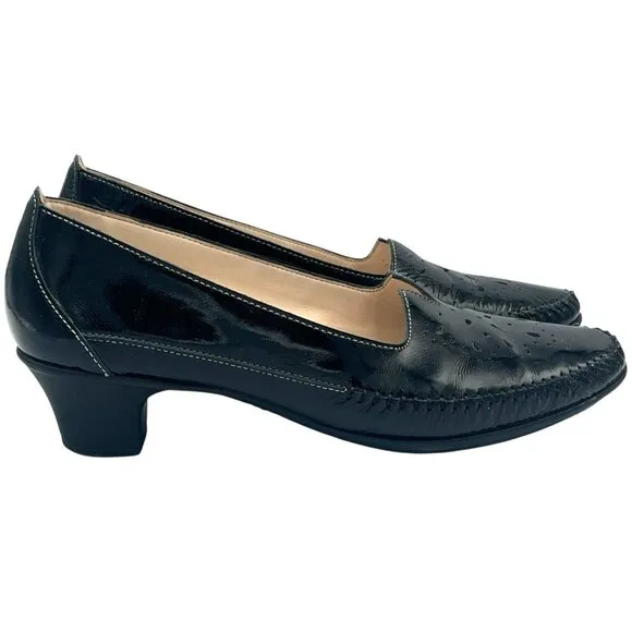SAS Sonyo Slip On Heel Women Size 10.5 M Black Patent Leather Cut Out Shoes