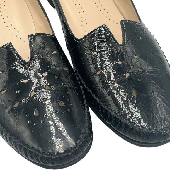 SAS Sonyo Slip On Heel Women Size 10.5 M Black Patent Leather Cut Out Shoes