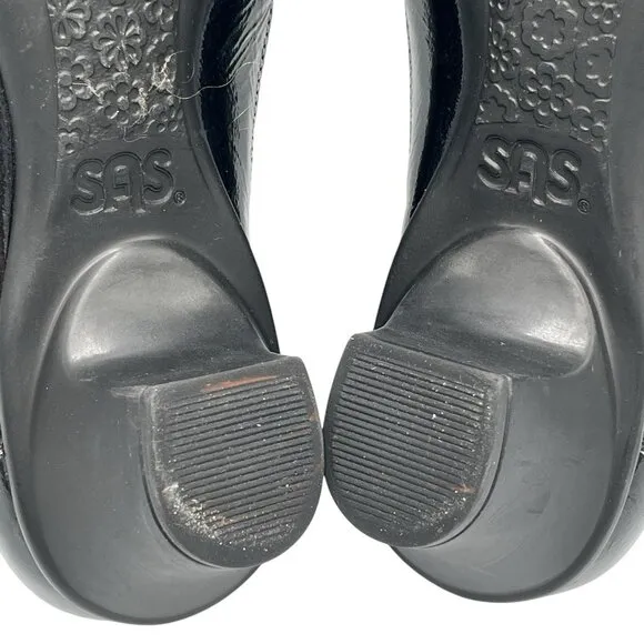 SAS Sonyo Slip On Heel Women Size 10.5 M Black Patent Leather Cut Out Shoes