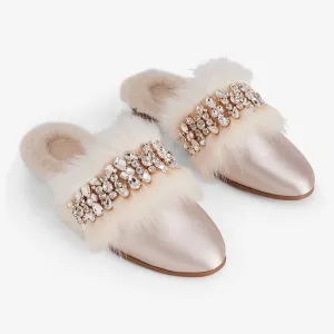 Satin Faux Fur Lined Embellished Slippers