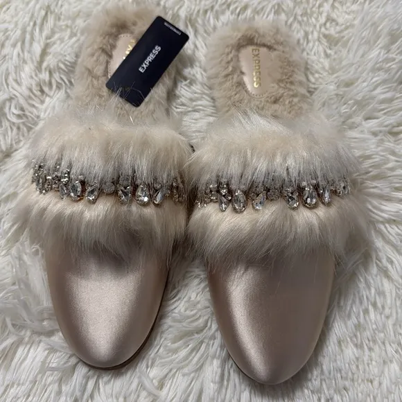 Satin Faux Fur Lined Embellished Slippers