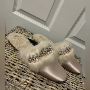 Satin Faux Fur Lined Embellished SlippersColor: SANDSHELL. Side L (10-10.5)