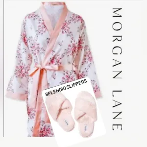 Satin Robe White Floral by Morgan Lane Size L / XL, &amp; Splendid Pink Slippers S/M