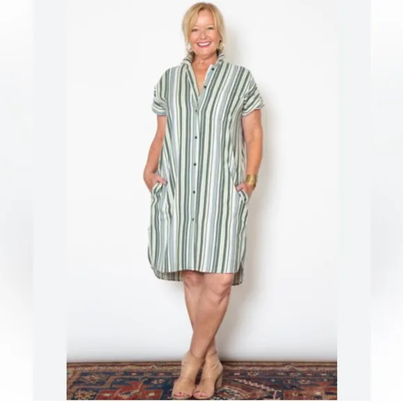 SBJ Austin R Midi Dress Minimalist Contemporary Button Front Shirt Dress Striped