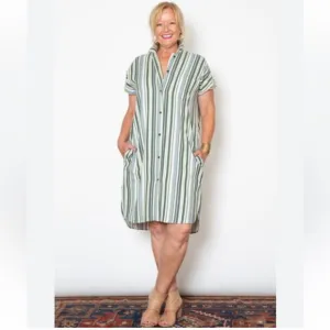 SBJ Austin R Midi Dress Minimalist Contemporary Button Front Shirt Dress Striped