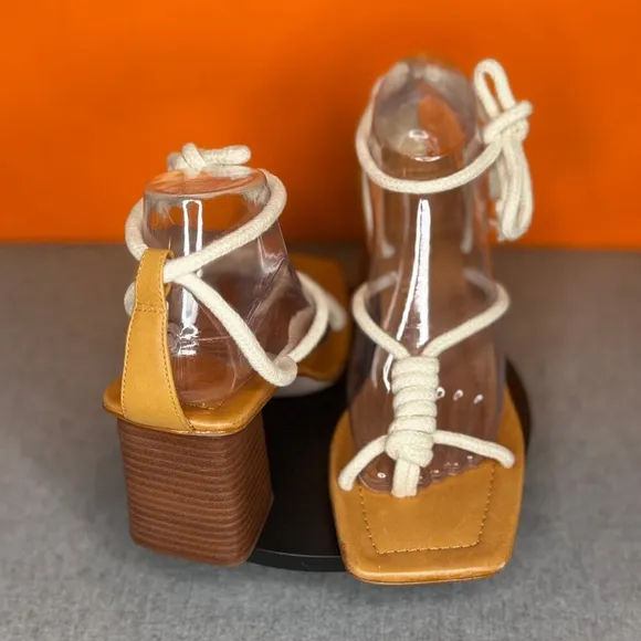 Schutz Angieh New Cream Leather Rope Lace-Up Stacked Heel Sandals Size 9