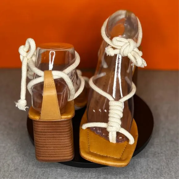 Schutz Angieh New Cream Leather Rope Lace-Up Stacked Heel Sandals Size 9
