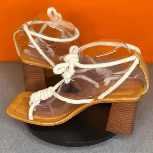 Schutz Angieh New Cream Leather Rope Lace-Up Stacked Heel Sandals Size 9