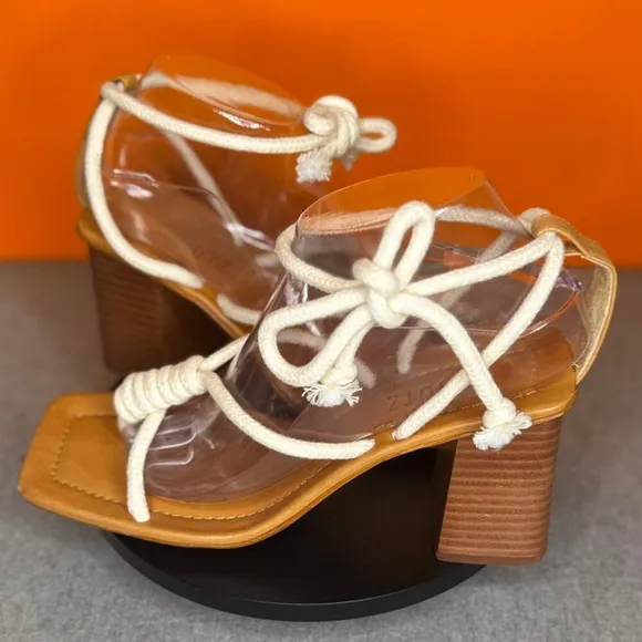 Schutz Angieh New Cream Leather Rope Lace-Up Stacked Heel Sandals Size 9