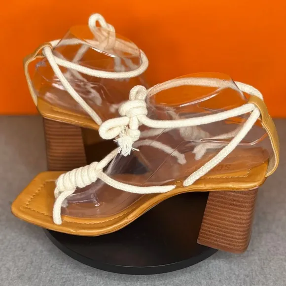 Schutz Angieh New Cream Leather Rope Lace-Up Stacked Heel Sandals Size 9