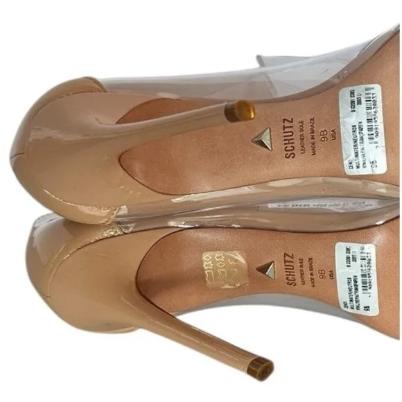 Schutz Cendi Honey Beige Clear Pump Heels Shoes Women's Size 9B Sexy Chic Vogue