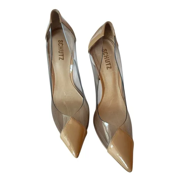 Schutz Cendi Honey Beige Clear Pump Heels Shoes Women's Size 9B Sexy Chic Vogue