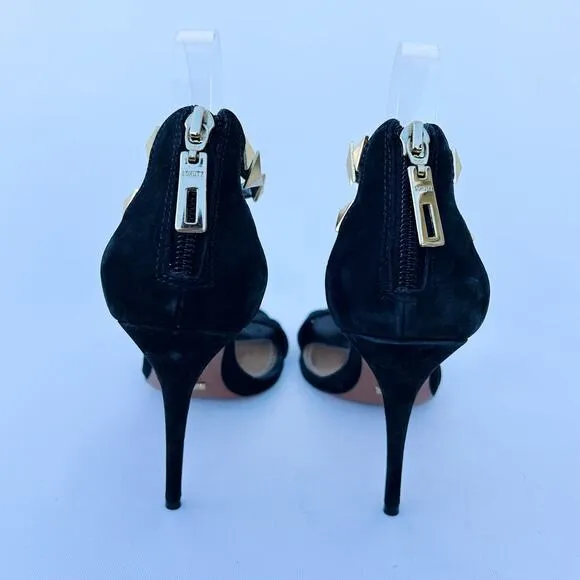 Schutz Heels Black Suede Gold Rock Stud Ankle Strap Stilettos 8 39