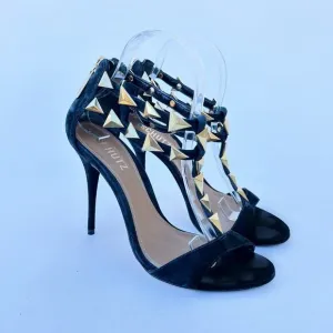 Schutz Heels Black Suede Gold Rock Stud Ankle Strap Stilettos 8 39