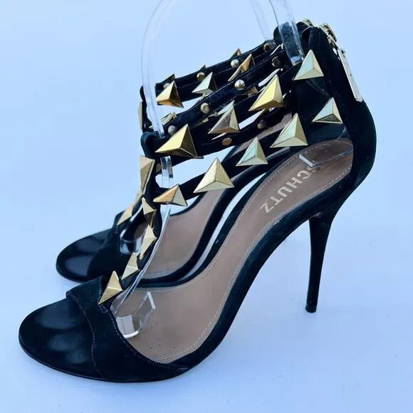 Schutz Heels Black Suede Gold Rock Stud Ankle Strap Stilettos 8 39