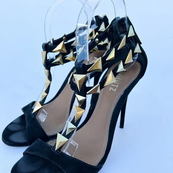 Schutz Heels Black Suede Gold Rock Stud Ankle Strap Stilettos 8 39