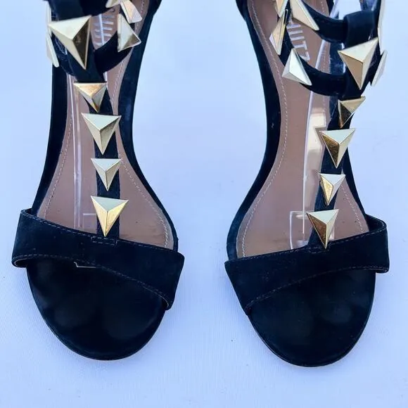 Schutz Heels Black Suede Gold Rock Stud Ankle Strap Stilettos 8 39