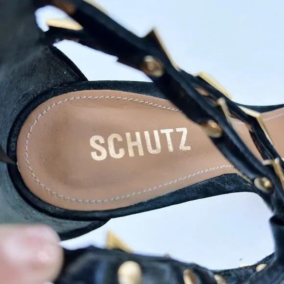 Schutz Heels Black Suede Gold Rock Stud Ankle Strap Stilettos 8 39