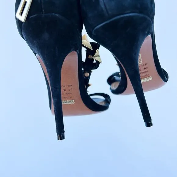 Schutz Heels Black Suede Gold Rock Stud Ankle Strap Stilettos 8 39
