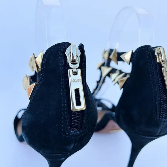 Schutz Heels Black Suede Gold Rock Stud Ankle Strap Stilettos 8 39