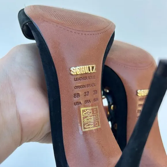 Schutz Heels Black Suede Gold Rock Stud Ankle Strap Stilettos 8 39