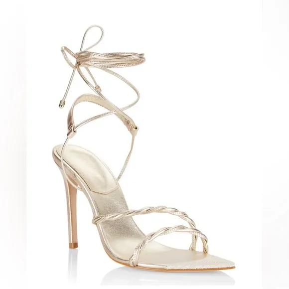 Schutz Jhessy Twisted Strappy Leather Lace-Up Metallic Gold Heel Sandals 10