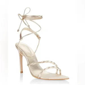 Schutz Jhessy Twisted Strappy Leather Lace-Up Metallic Gold Heel Sandals 10