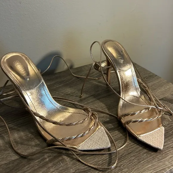 Schutz Jhessy Twisted Strappy Leather Lace-Up Metallic Gold Heel Sandals 10