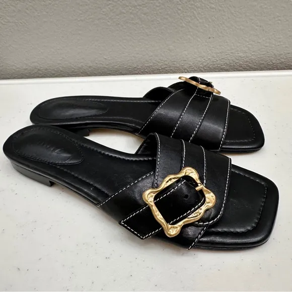 Schutz Wavy Flat Size 7 Black Sandal Shoes Spring Buckle