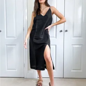 SEAFOLLY Black Linen Midi Drapey Neckline Slit LBD Minimalist Wardrobe Staple XS