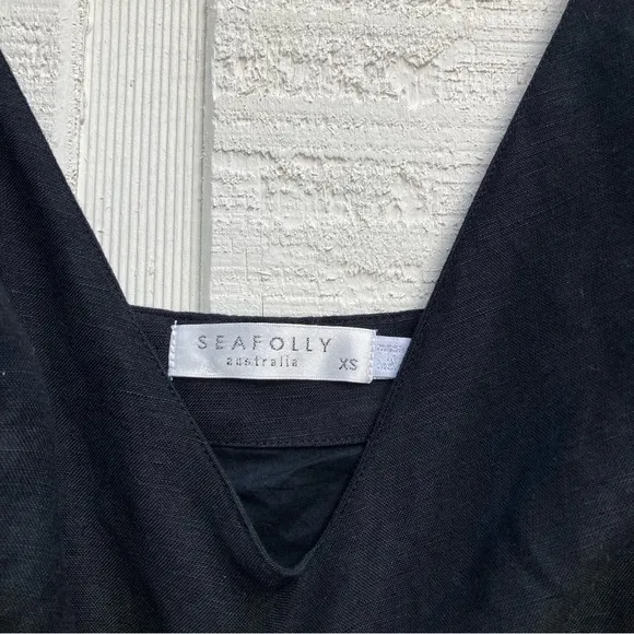 SEAFOLLY Black Linen Midi Drapey Neckline Slit LBD Minimalist Wardrobe Staple XS