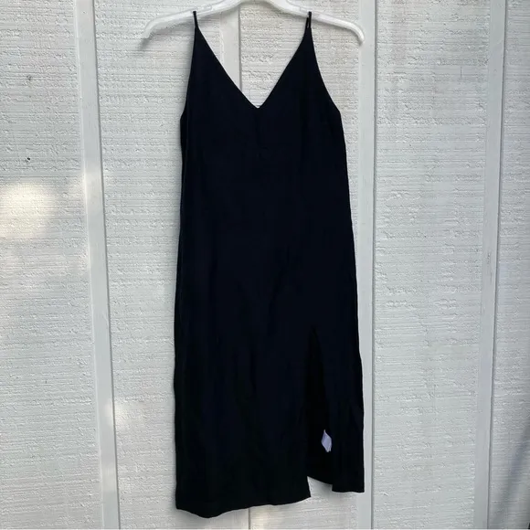SEAFOLLY Black Linen Midi Drapey Neckline Slit LBD Minimalist Wardrobe Staple XS