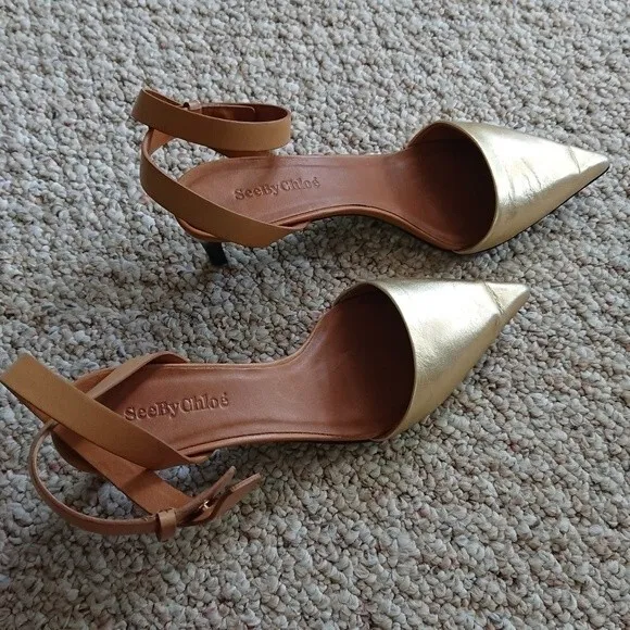 SEE BY CHLOE hera gold tone Ankle Strap Pump size 37