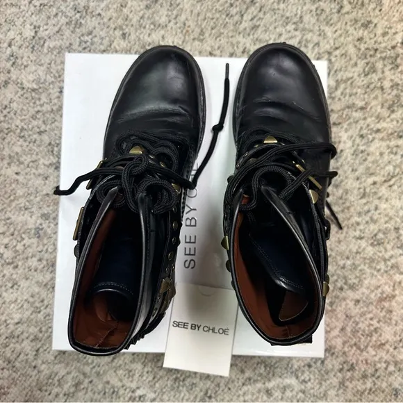 See by Chloe Leather Studded Chelsea Combat Ankle Boots