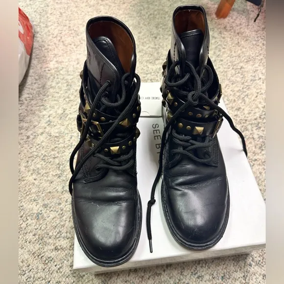 See by Chloe Leather Studded Chelsea Combat Ankle Boots